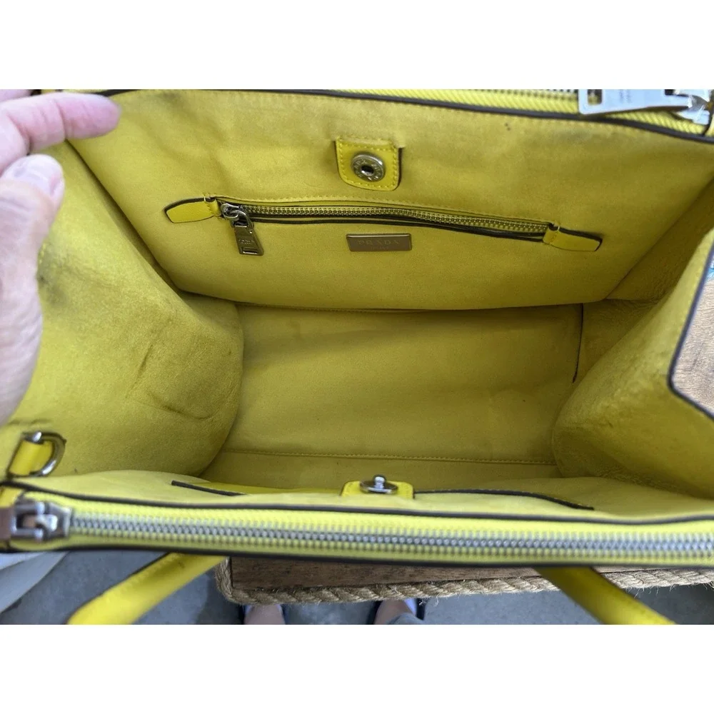 Prada Vitello Daino Yellow Leather Double Zip Tote Satchel Handbag